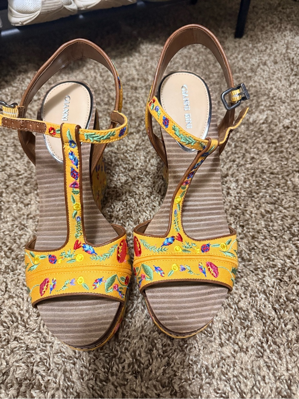 Embroidered Yellow T-Strap Wedge Sandals